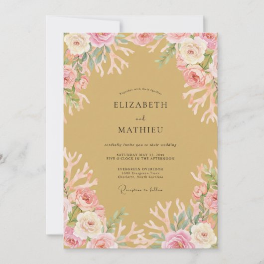 Invitation Mariage à la floraison botanique corail rose (Devant)