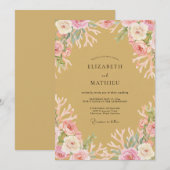 Invitation Mariage à la floraison botanique corail rose (Devant / Derrière)