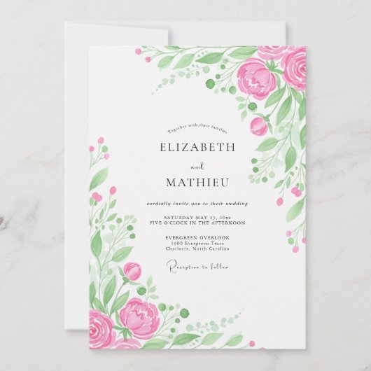 Invitation Mariage à la Floraison Botanique Rose (Devant)