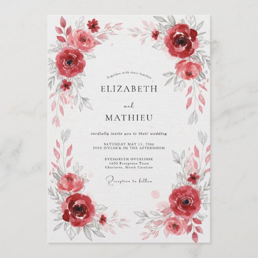 Invitation Mariage à la Floraison Rouge Profonde (Devant)