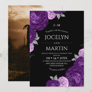 Invitation Mariage à la flore fantaisiste noire et violette 