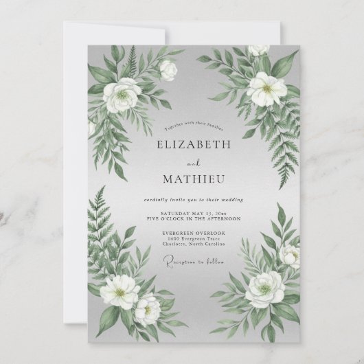 Invitation Mariage à la Fougère Blanche Argentée (Devant)