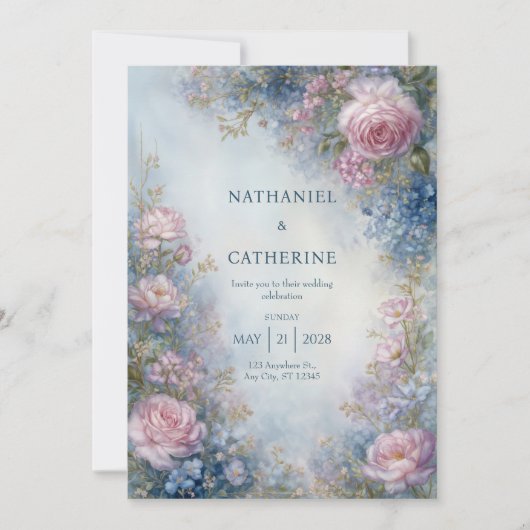 Invitation Mariage à la frontière de la rose éthérée bleu mis (Devant)