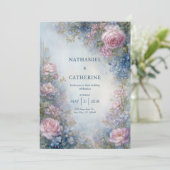 Invitation Mariage à la frontière de la rose éthérée bleu mis (Debout devant)