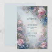 Invitation Mariage à la frontière de la rose éthérée bleu mis (Devant / Derrière)