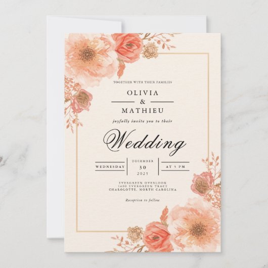 Invitation Mariage à la Frontière des Fleurs de Pêcher (Devant)