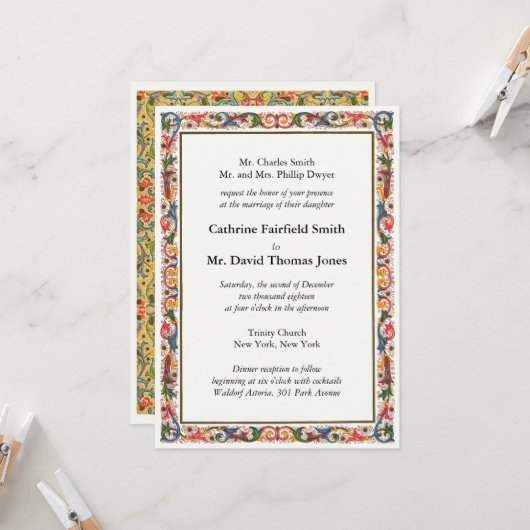 Invitation Mariage à la frontière florale blanc perle classiq (Devant/Arrière en situation)