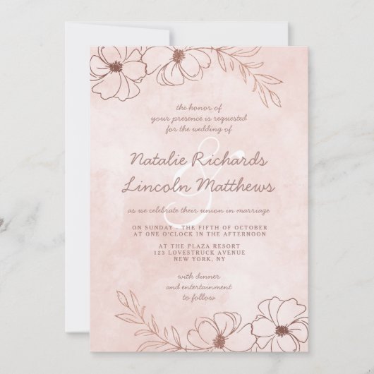 Invitation Mariage à la frontière florale rose et Rose (Devant)