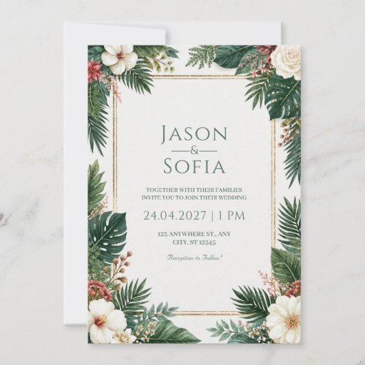Invitation Mariage à la frontière tropicale dorée de l'Hibisc (Devant)