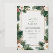 Invitation Mariage à la frontière tropicale dorée de l'Hibisc (Devant / Derrière)