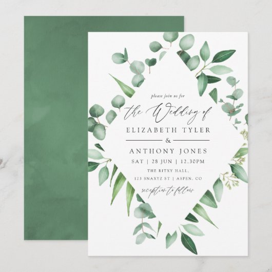 Invitation Mariage à la gouache avec verdure d'eucalyptus (Devant / Derrière)