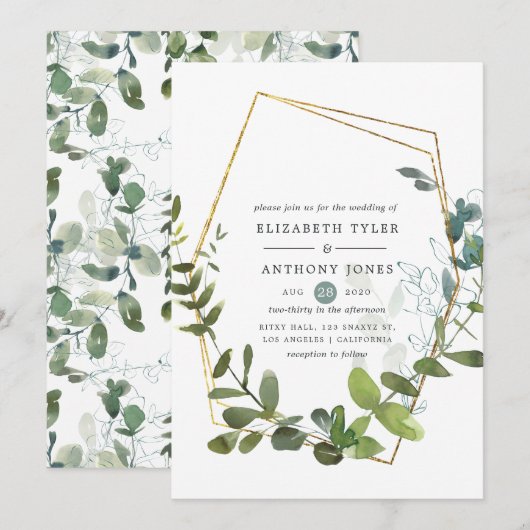 Invitation Mariage à la gouache avec verdure d'eucalyptus (Devant / Derrière)