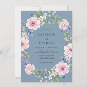 Invitation Mariage à la guirlande florale bleu ardoise