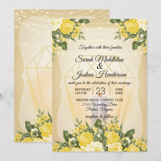 Invitation Mariage à la Lanterne Dorée et Fleurs Jaunes (Devant / Derrière)