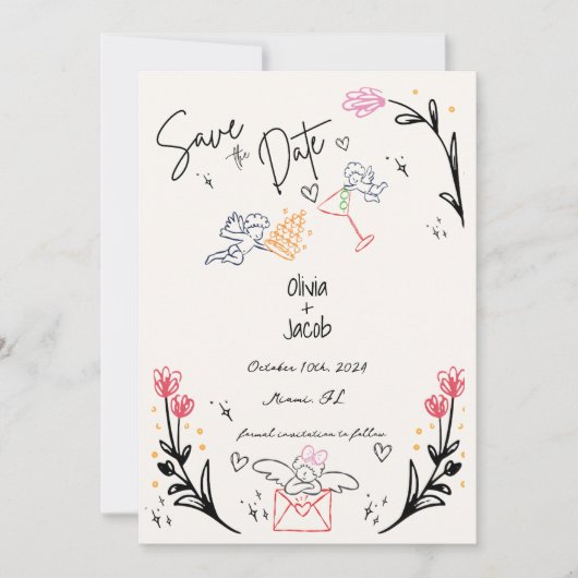 Invitation Mariage à la main de Whimsical tiré Cupid Scribble (Devant)