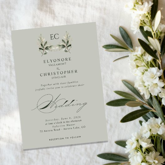 Invitation Mariage à la Monogramme de Branche d'Olivier Vert