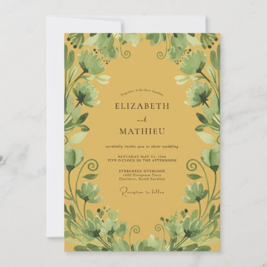 Invitation Mariage à la moutarde, olive, feuillage et eucalyp (Devant)