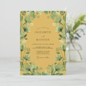 Invitation Mariage à la moutarde, olive, feuillage et eucalyp (Debout devant)