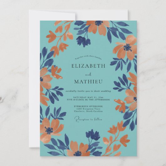 Invitation Mariage à la Petale Aqua Orange (Devant)