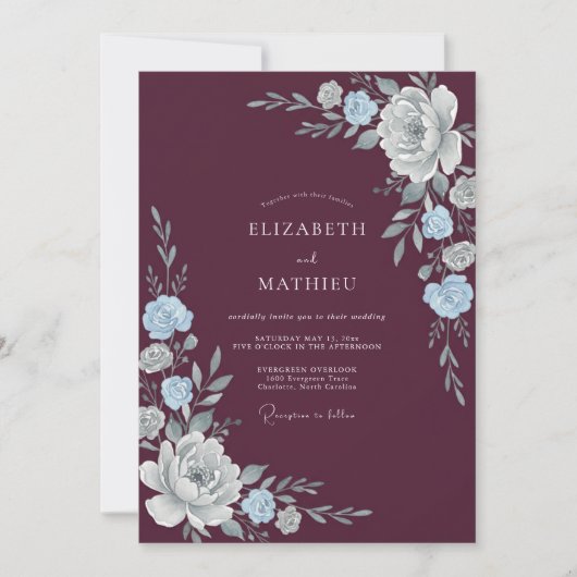 Invitation Mariage à la Petale d'Argent Prune (Devant)