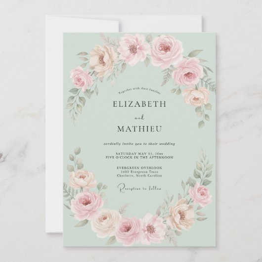 Invitation Mariage à la Petale de Menthe Rose (Devant)