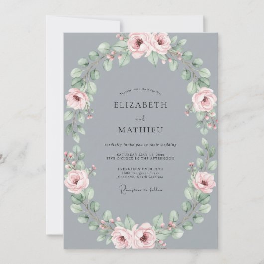 Invitation Mariage à la Pétale Douce Rose Ardoise (Devant)