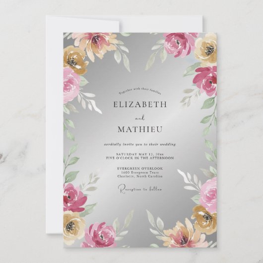 Invitation Mariage à la Petale Magenta Argent (Devant)
