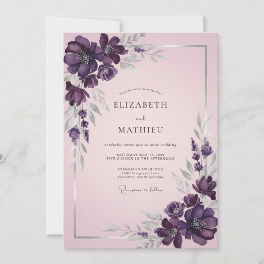 Invitation Mariage à la Petale Peinte de Prune Éthérée (Devant)