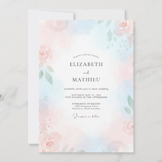 Invitation Mariage à la Petale Rose Céruléen (Devant)