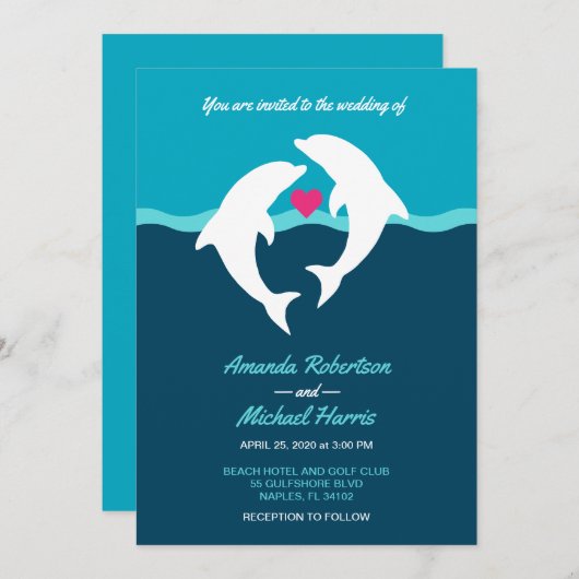 Invitation Mariage à la plage aux dauphins (Devant / Derrière)
