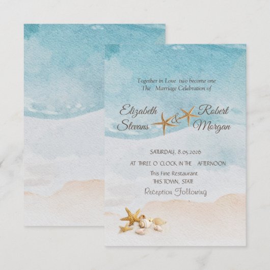 Invitation Mariage à la plage avec aquarelle coquillages sabl (Devant / Derrière)