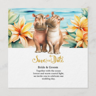 Invitation Mariage à la plage avec un couple d'hippopotames
