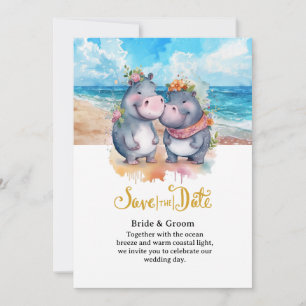 Invitation Mariage à la plage avec un couple d'hippopotames