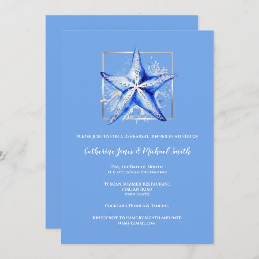Invitation Mariage à la plage Starfish bleu blanc argenté (Devant / Derrière)