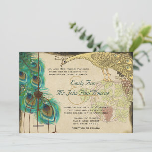 Invitation Mariage à la plume de paon médiéval vintage Birdca
