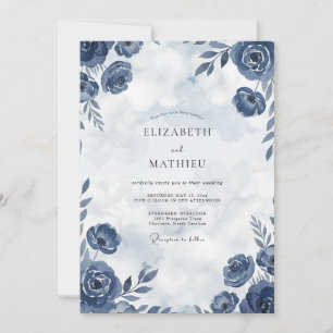 Invitation Mariage à la rose aquarelle indigo