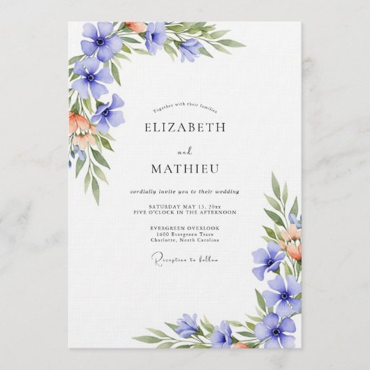 Invitation Mariage à la touche d'aquarelle de pervenche (Devant)