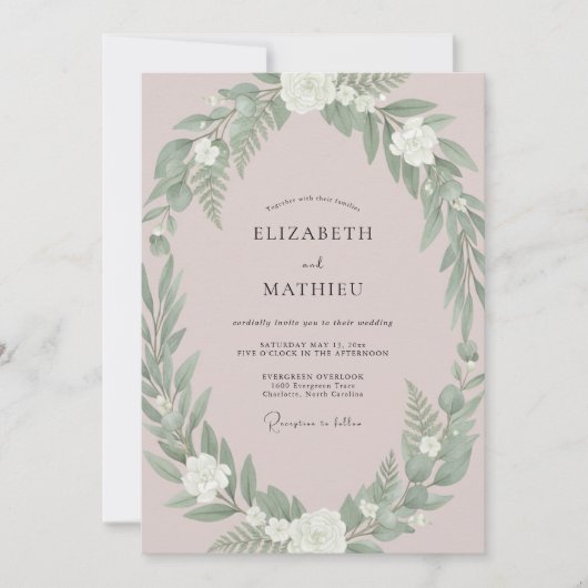 Invitation Mariage à la végétation discrète rose (Devant)