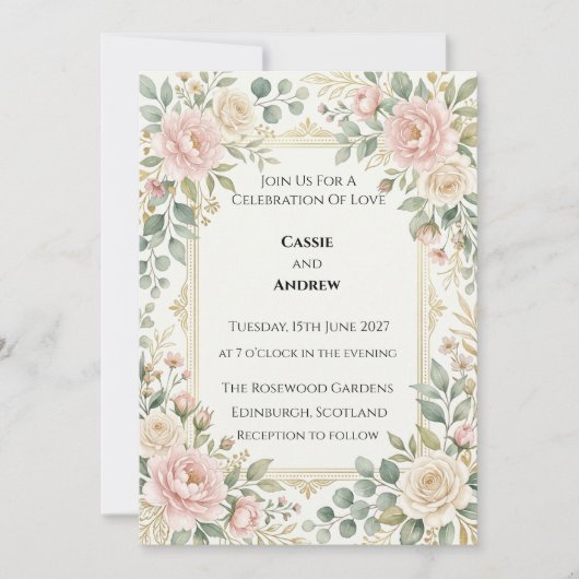 Invitation Mariage à la verdure de rose carmin (Devant)