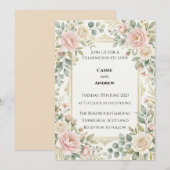 Invitation Mariage à la verdure de rose carmin (Devant / Derrière)