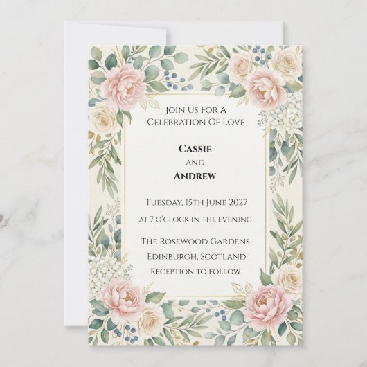 Invitation Mariage à la verdure de rose carmin (Devant)