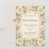 Invitation Mariage à la verdure de rose ivoire (Devant / Derrière)