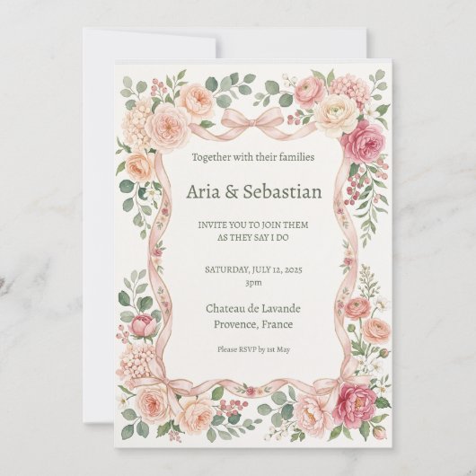 Invitation Mariage à la verdure de rose rose (Devant)
