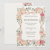 Invitation Mariage à la verdure de rose rose (Devant / Derrière)