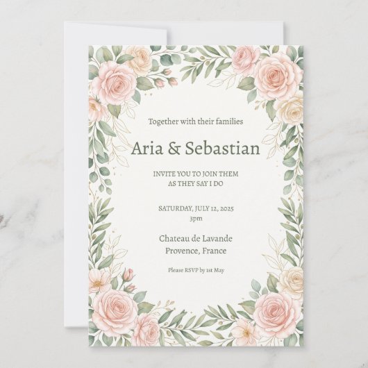 Invitation Mariage à la verdure de rose rose (Devant)