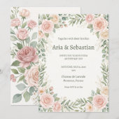 Invitation Mariage à la verdure de rose rose (Devant / Derrière)