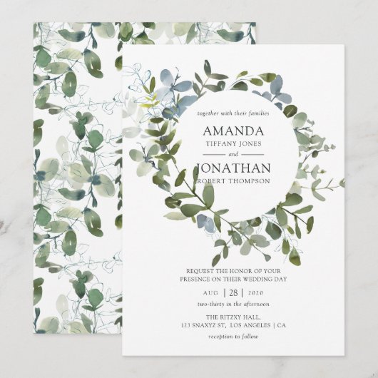 Invitation Mariage à la verdure d'eucalyptus à l'aquarelle (Devant / Derrière)