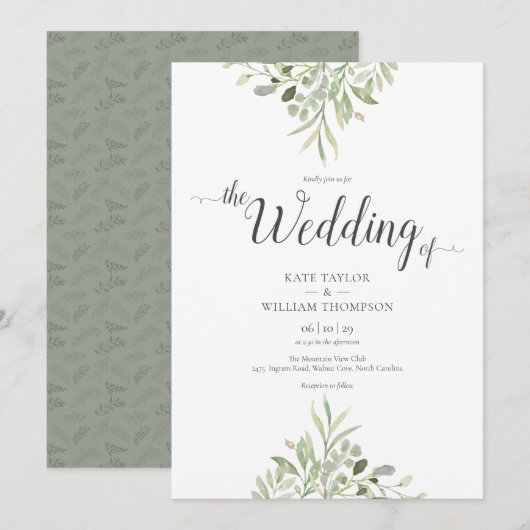 Invitation Mariage à la verdure, feuillage à l'aquarelle et é (Devant / Derrière)