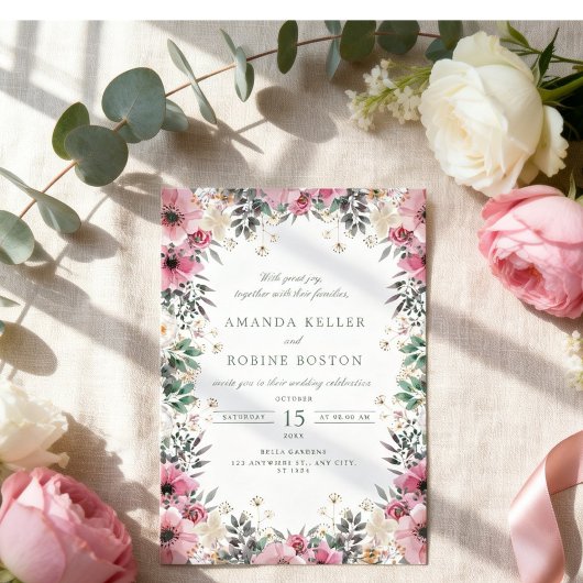Invitation Mariage à la verdure florale rose