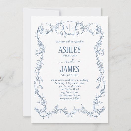 Invitation Mariage à la vigne de rose décousue bleu monogramm (Devant)